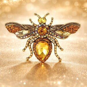 Vintage Gold Bee Brooch – Amber Crystal Insect Pin Statement Jewelry